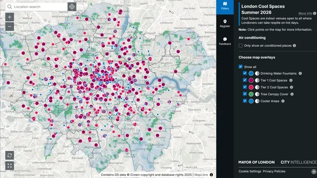 Greater London Authority Cool Spaces application interface showing urban heat refuge locations across London boroughs