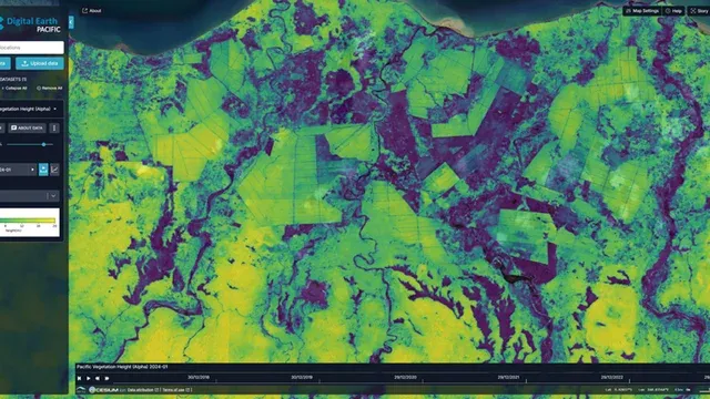 Digital Earth Pacific Cesium application interface showing satellite-derived vegetation height across Pacific island terrain