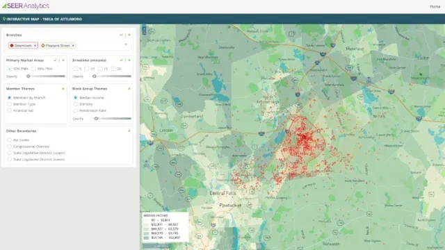 Seer Analytics PMA interface for the YMCA of Attleboro showing drive-time catchments, member locations, and demographic block groups