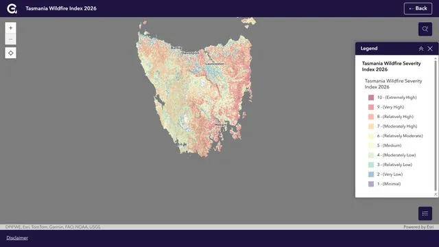 Geoneon's Tasmania Wildfire Index 2026 map showing statewide wildfire severity classes, the WSI legend and source attribution