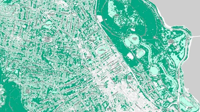 Deep learning semantic segmentation overlay identifying urban tree canopy and vegetation extent