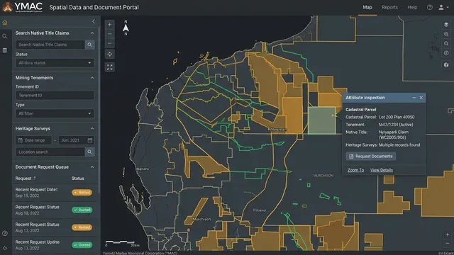 YMAC Spatial Data & Document Portal interface showing Pilbara and Murchison cadastral parcels and native title claim survey layers