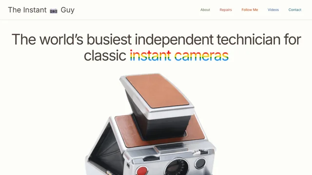 The Instant Camera Guy homepage showcasing vintage Polaroid camera restorations