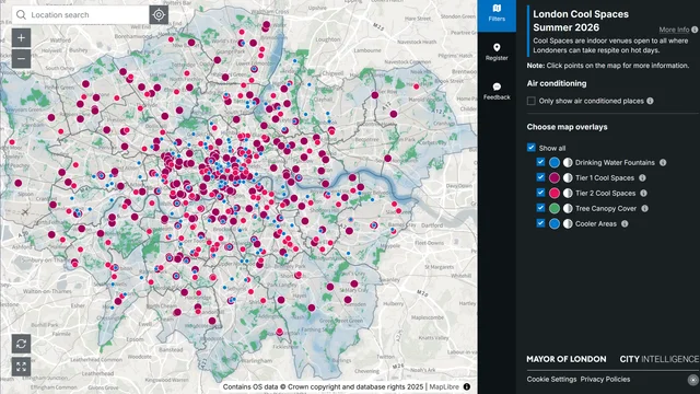 Greater London Authority Cool Spaces application interface showing urban heat refuge locations across London boroughs
