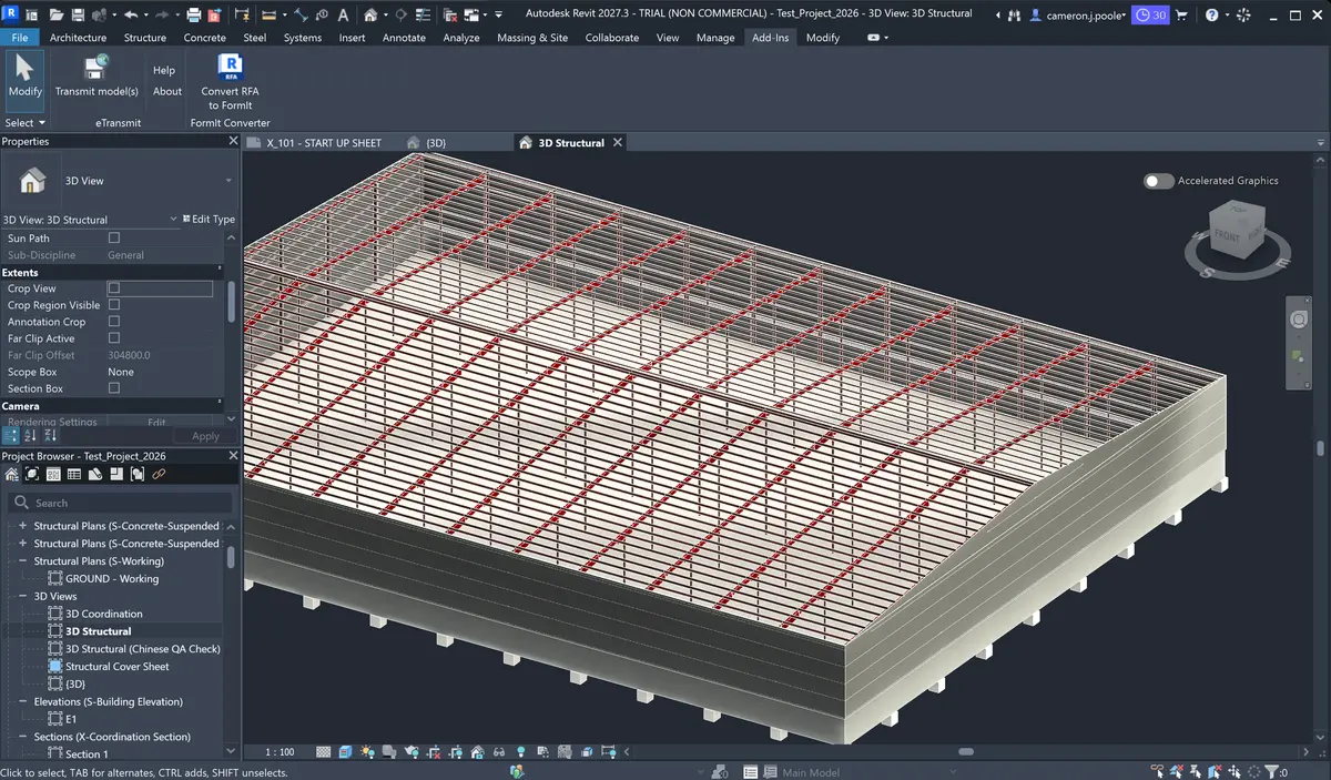 Structural steel portal frame warehouse construction with rafter and column assemblies