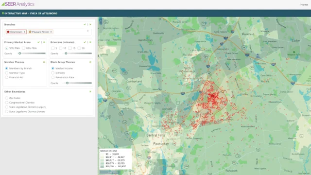 Seer Analytics PMA interface for the YMCA of Attleboro showing drive-time catchments, member locations, and demographic block groups