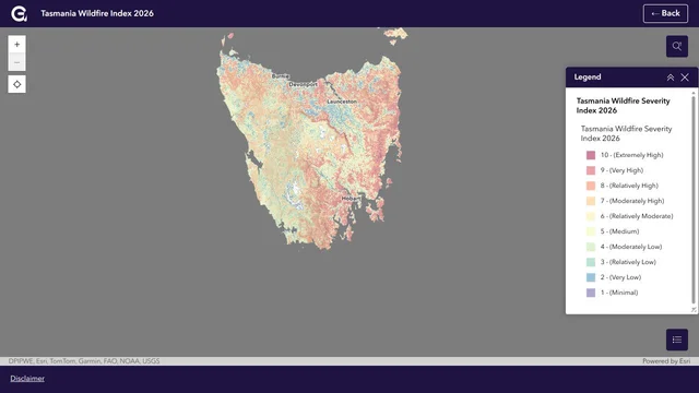 Geoneon's Tasmania Wildfire Index 2026 map showing statewide wildfire severity classes, the WSI legend and source attribution