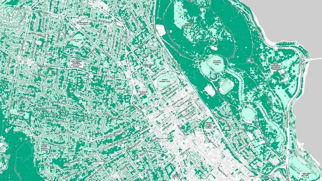 Deep learning semantic segmentation overlay identifying urban tree canopy and vegetation extent
