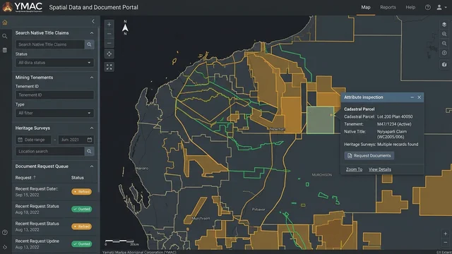 YMAC Spatial Data & Document Portal interface showing Pilbara and Murchison cadastral parcels and native title claim survey layers